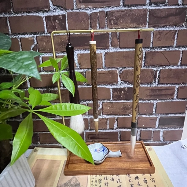 黄铜毛笔挂毛笔架实木书法毛笔笔架子晾笔架收纳文房四宝