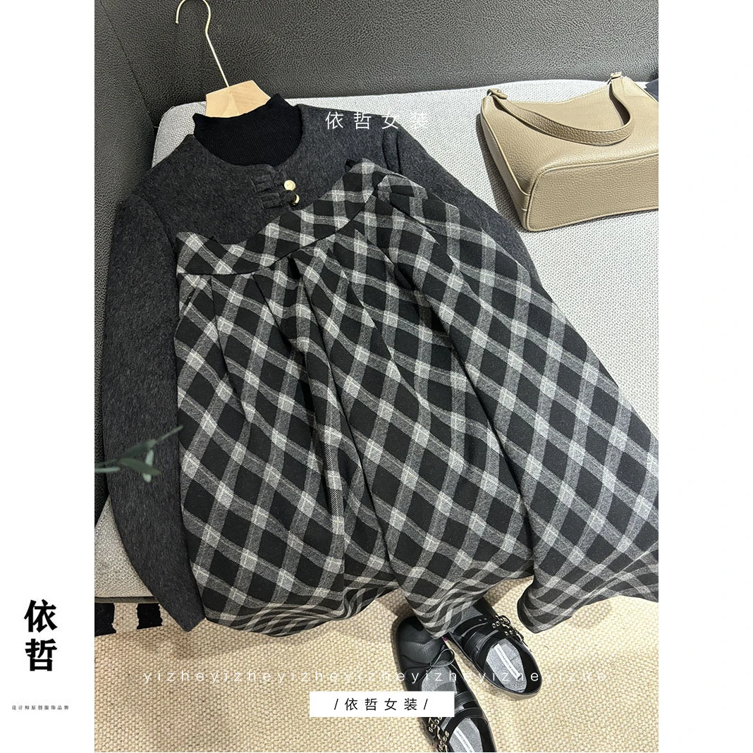 “”黑白格子裙“”秋冬呢半身裙显瘦时尚黑色A字