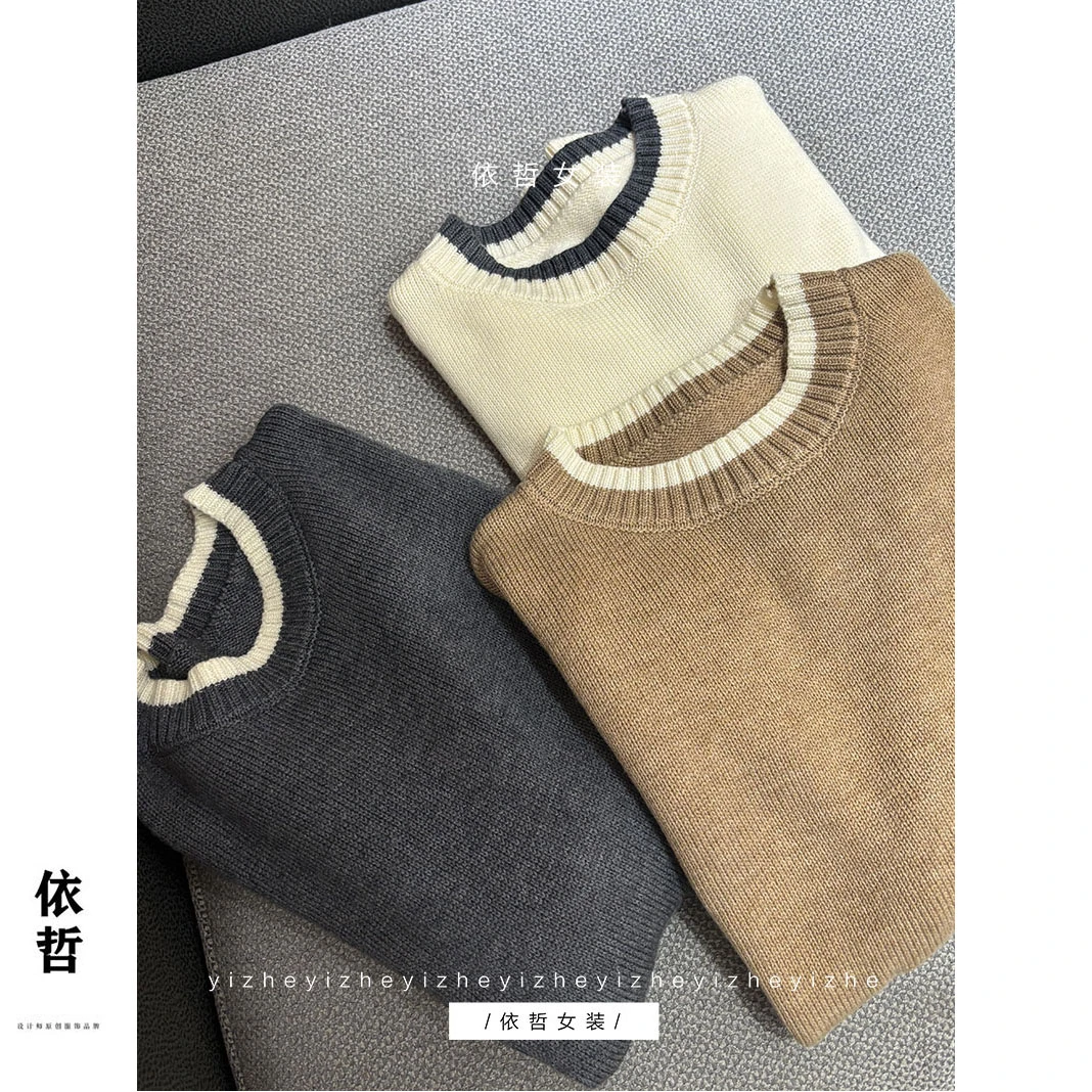 “”拼色毛衣“”女显瘦短款宽松慵懒风圆领秋冬