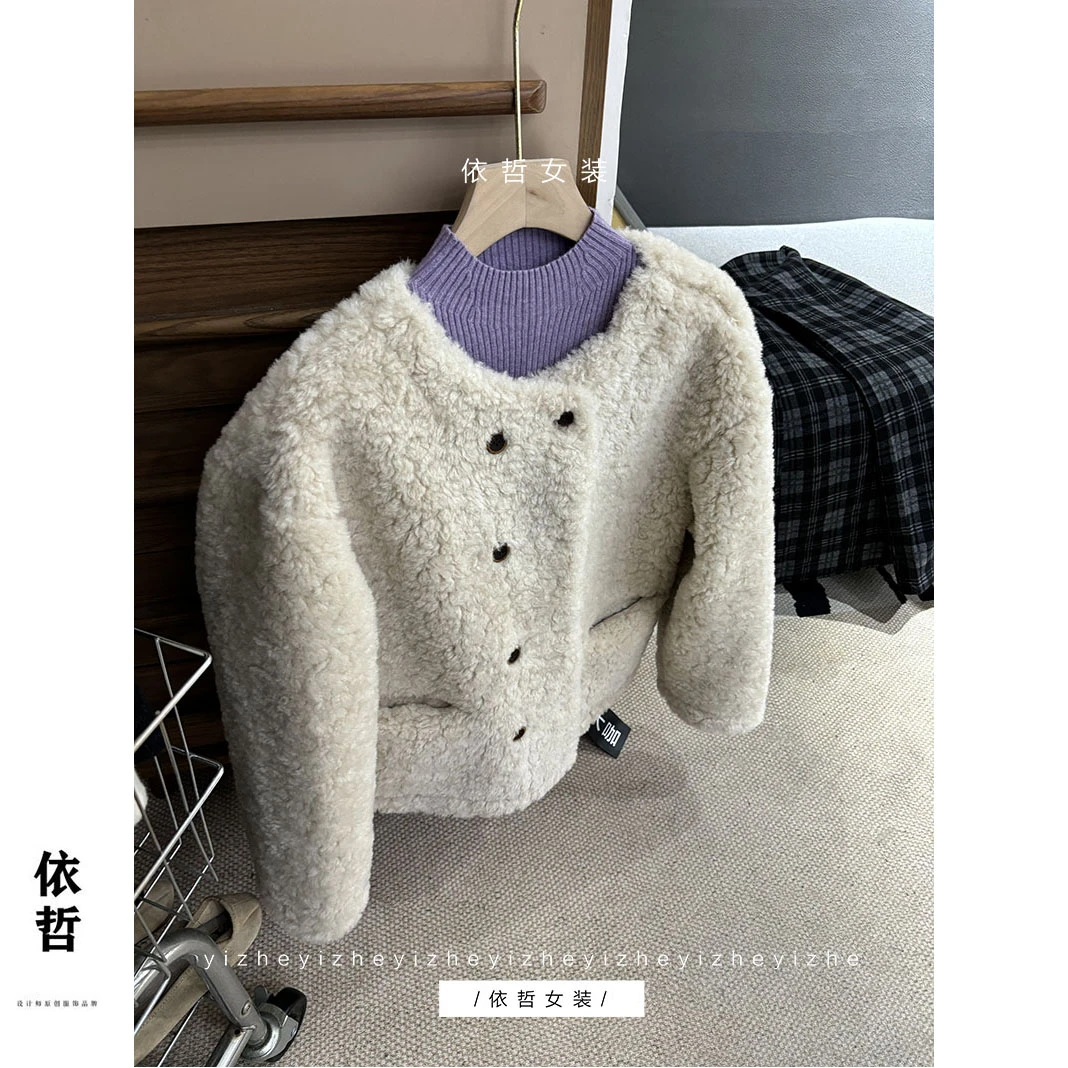 “双排扣羊羔毛外套“上衣女外套气质时尚宽松秋冬2024保暖