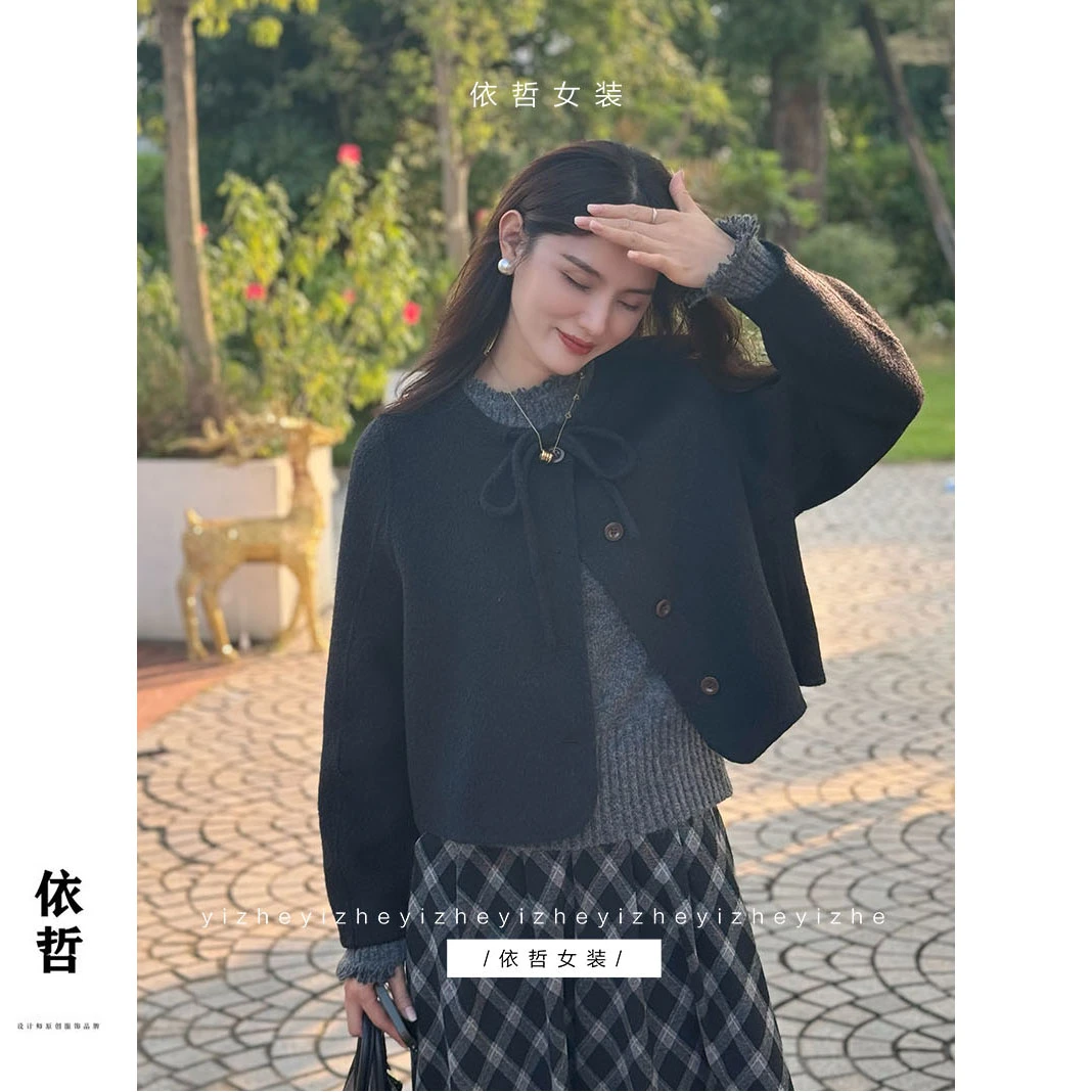 “蝴蝶结呢大衣“上衣女外套”秋季女外套气质小个子短款时尚2024