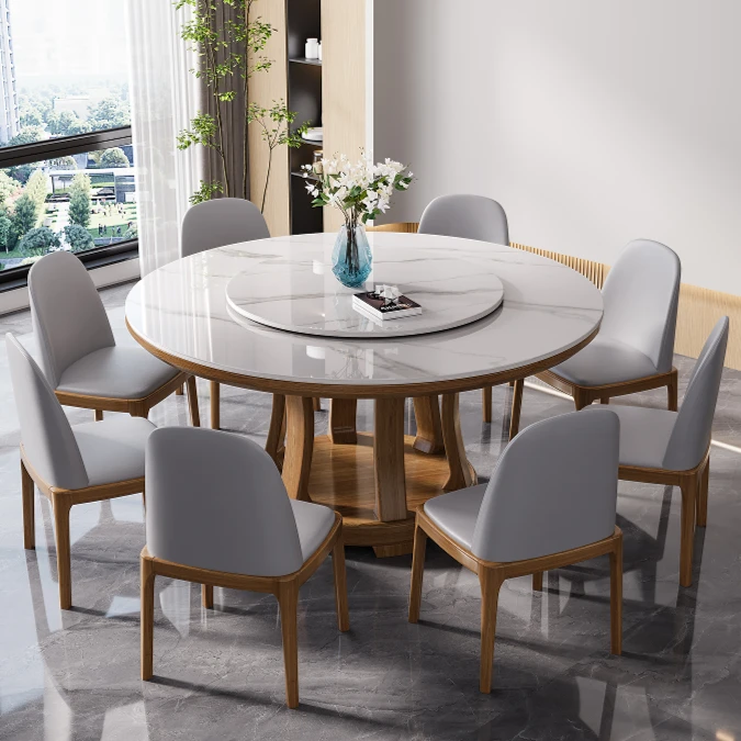 岩板餐桌实木圆形家用圆桌转盘现代简约小户型北欧高端电磁炉饭桌