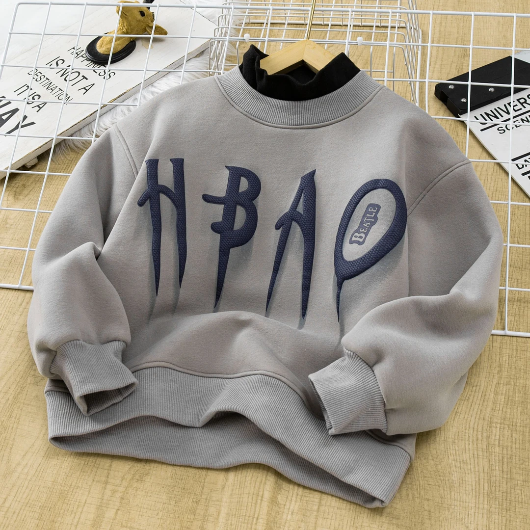 男童卫衣深秋冬款2024新款中大童一体绒加厚字母百搭儿童连帽长袖