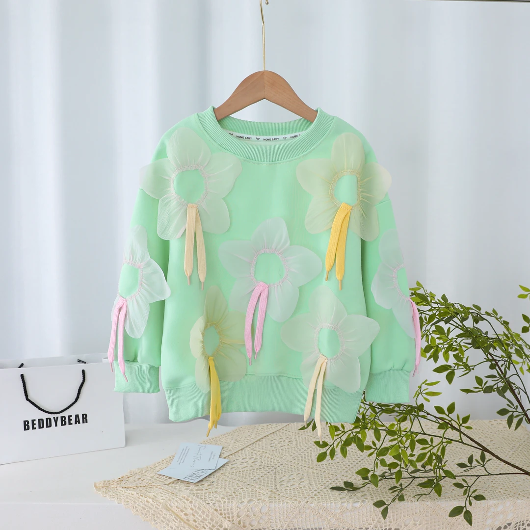 薄荷曼波绿花仙子女童长袖秋款中大童宽松卫衣