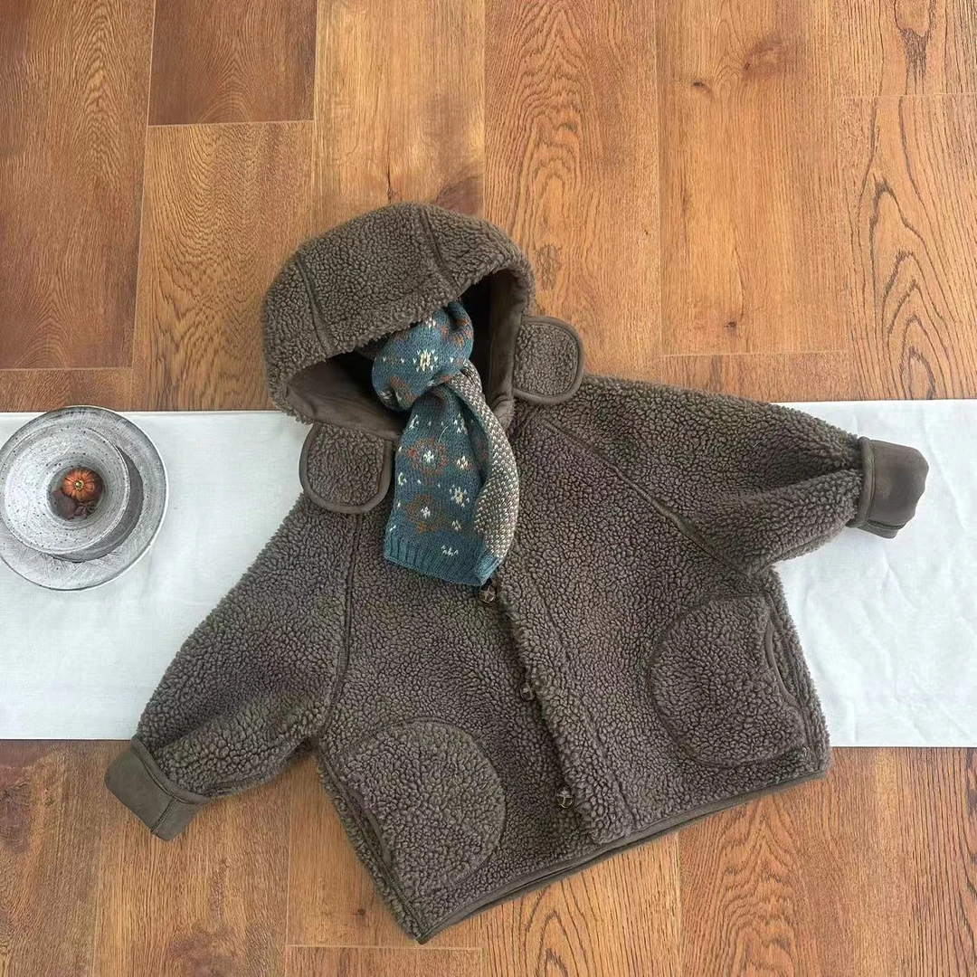 〖姐姐家〗2024冬款儿童萌娃穿搭带帽呢子毛毛棉袄外套lm9782