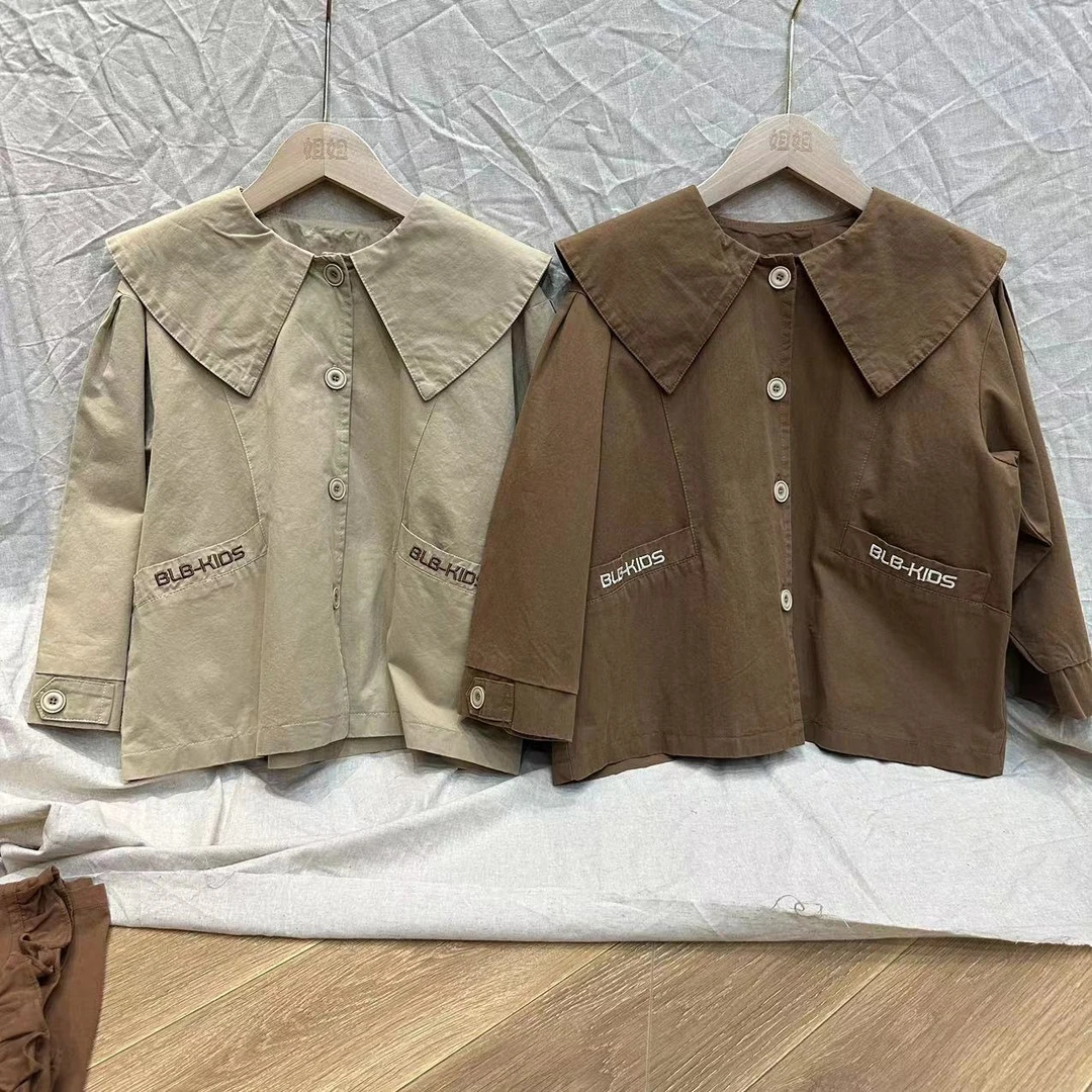 〖姐姐家〗2024秋款儿童萌娃穿搭翻领刺绣口袋衬衫外套