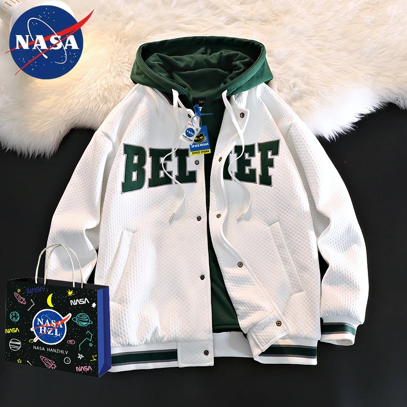 NASA联名美式假两件棒球服外套男士春秋潮牌开衫薄款情侣连帽夹克