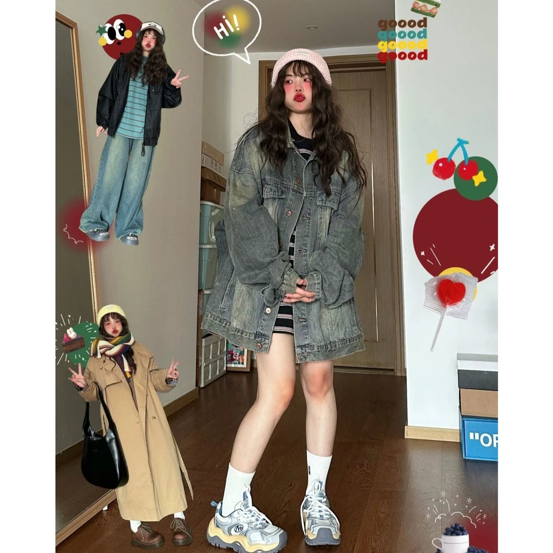 300斤胖mm水洗做旧牛仔外套女春季新款美式复古宽松休闲夹克上衣2