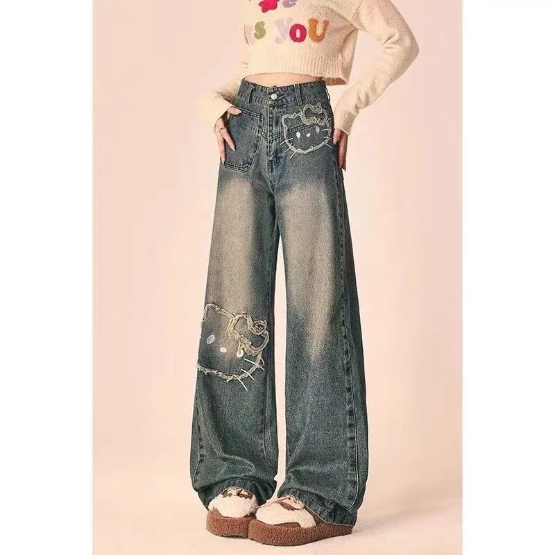 300斤大码高街复古kt猫卡通刺绣贴布阔腿牛仔裤女新款学生直筒裤