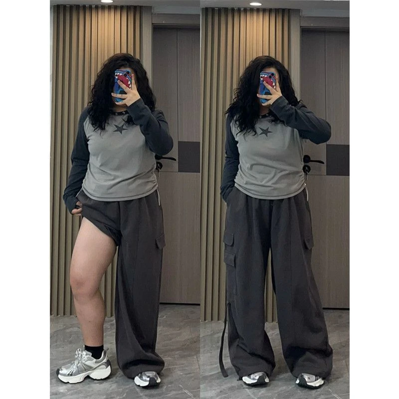 2-300斤美式工装裤女直筒高腰春新款大码胖mm宽松显瘦休闲阔腿裤