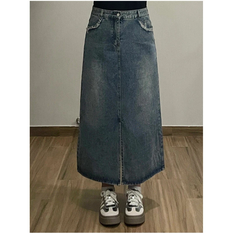 300斤特大码胖mm高腰开叉牛仔半身裙女夏季中长款遮胯A字包臀裙子