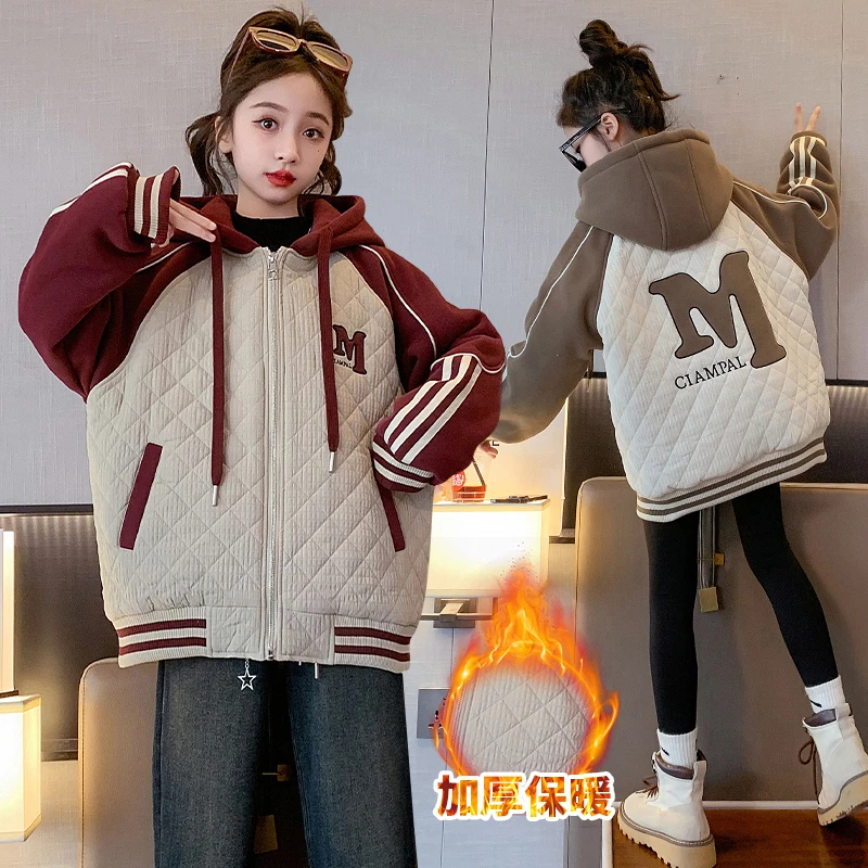 女童秋冬款夹棉外套2024新款女孩连帽加厚夹棉拼接加绒洋气潮冬季