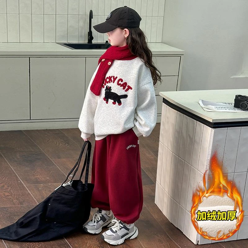 女童套装秋冬装2025新款洋气女大童加绒加厚卫衣儿童冬季两件套潮