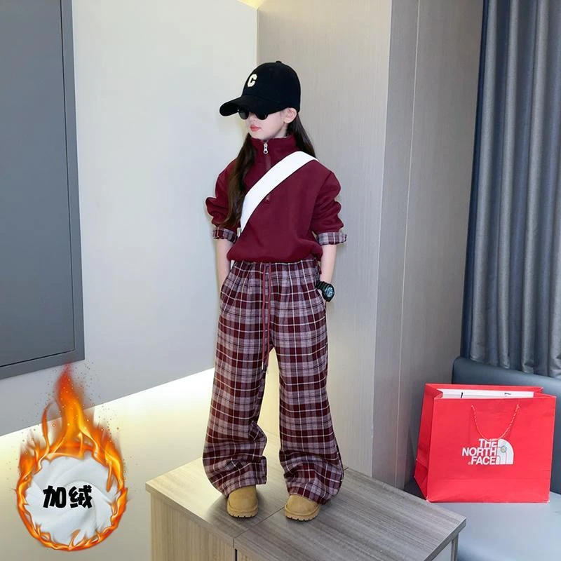 女童加绒套装秋冬2024新款儿童韩版卫衣格子裤女孩休闲洋气两件套