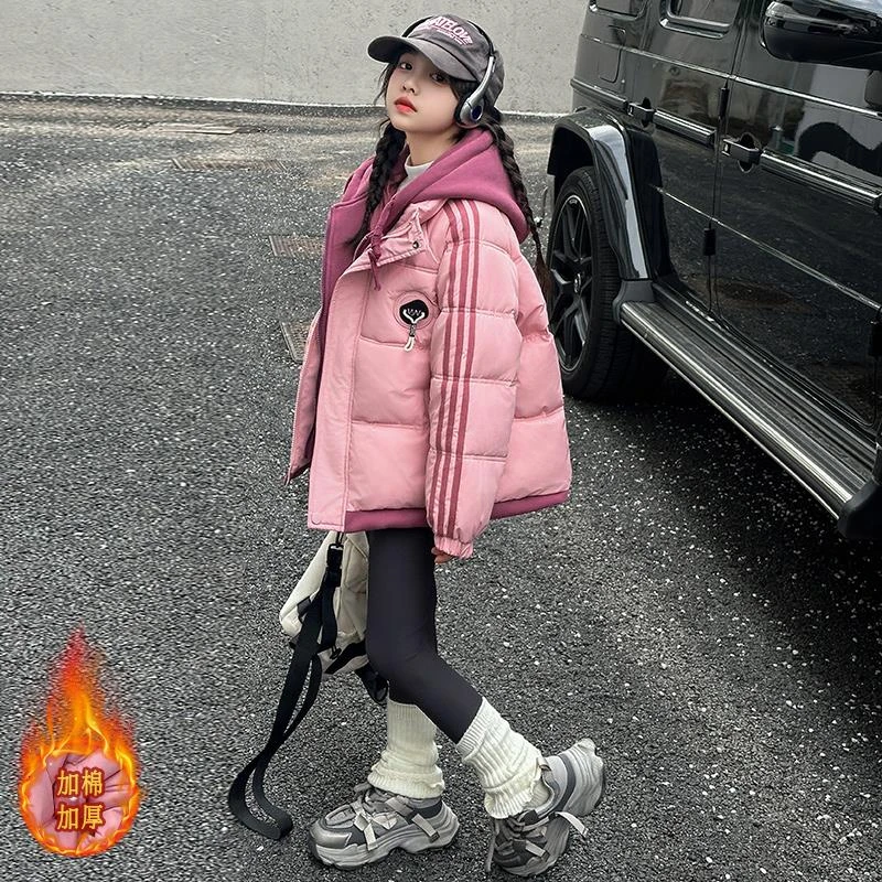 女童棉服外套冬季2024新款洋气儿童冬装加厚女大童假两件棉衣