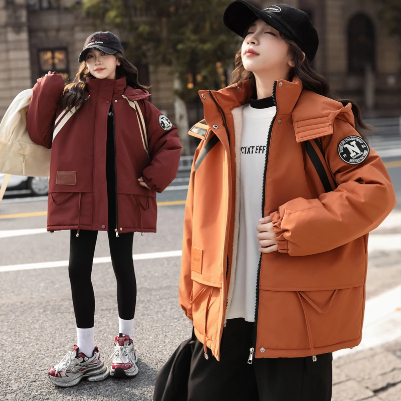 女童秋冬夹棉加绒棉衣外套180大码冲锋衣2024时尚网红6-12岁学生