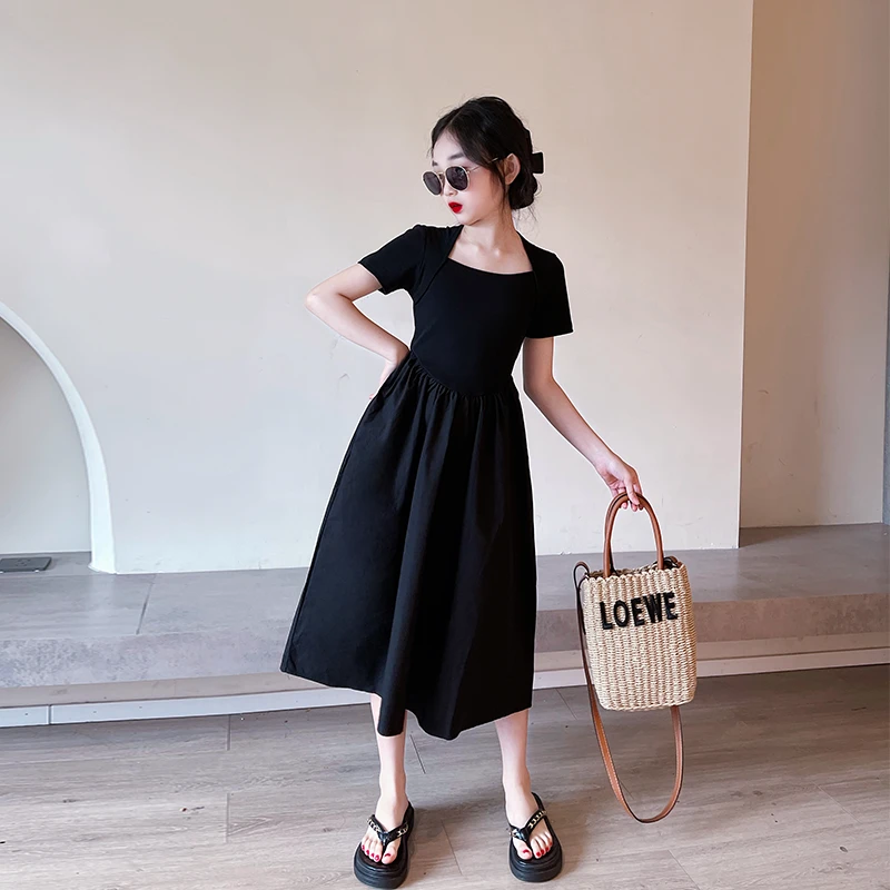 小女孩裙子夏天2025新款儿童法式儿童节女大童夏季时髦黑色长裙潮