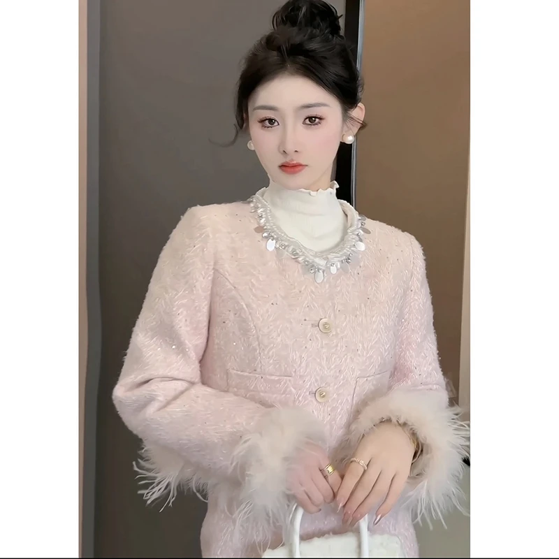 富家千金冬季套装女高级感粉色小香风毛呢外套+显瘦半身裙两件套