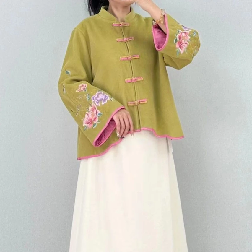 正品保障新款高档茶艺师茶服国风绣花盘扣中式呢子大衣外套9760