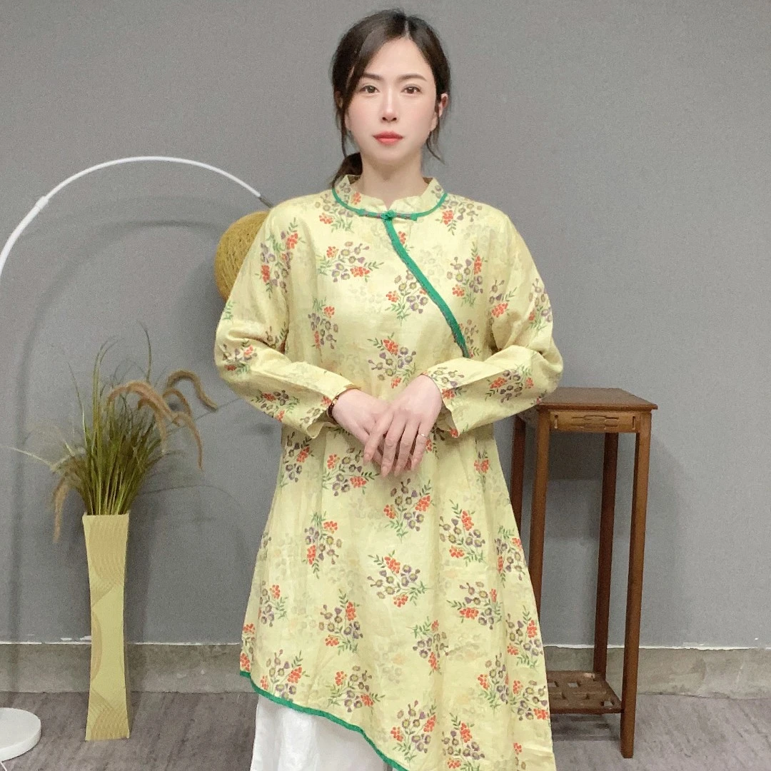 民族风文艺气质D-511印花亚麻女装连衣裙 肩宽42 胸围102 衣长86