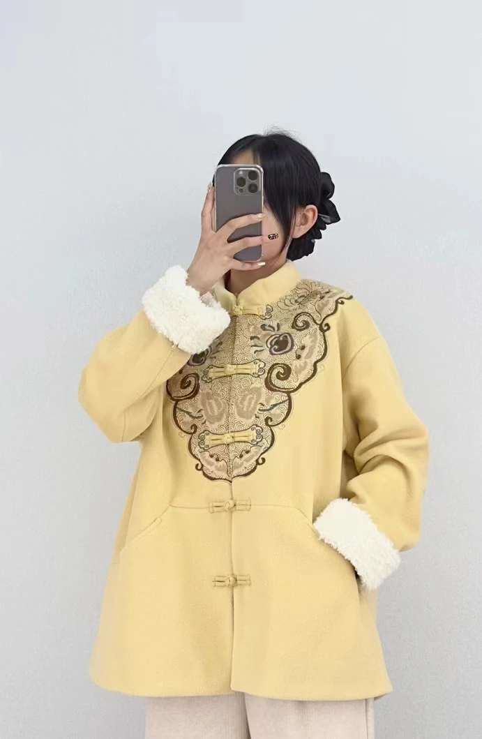 茶服国风绣花盘扣中式呢子大衣外套8013 肩50-52胸116长68-72