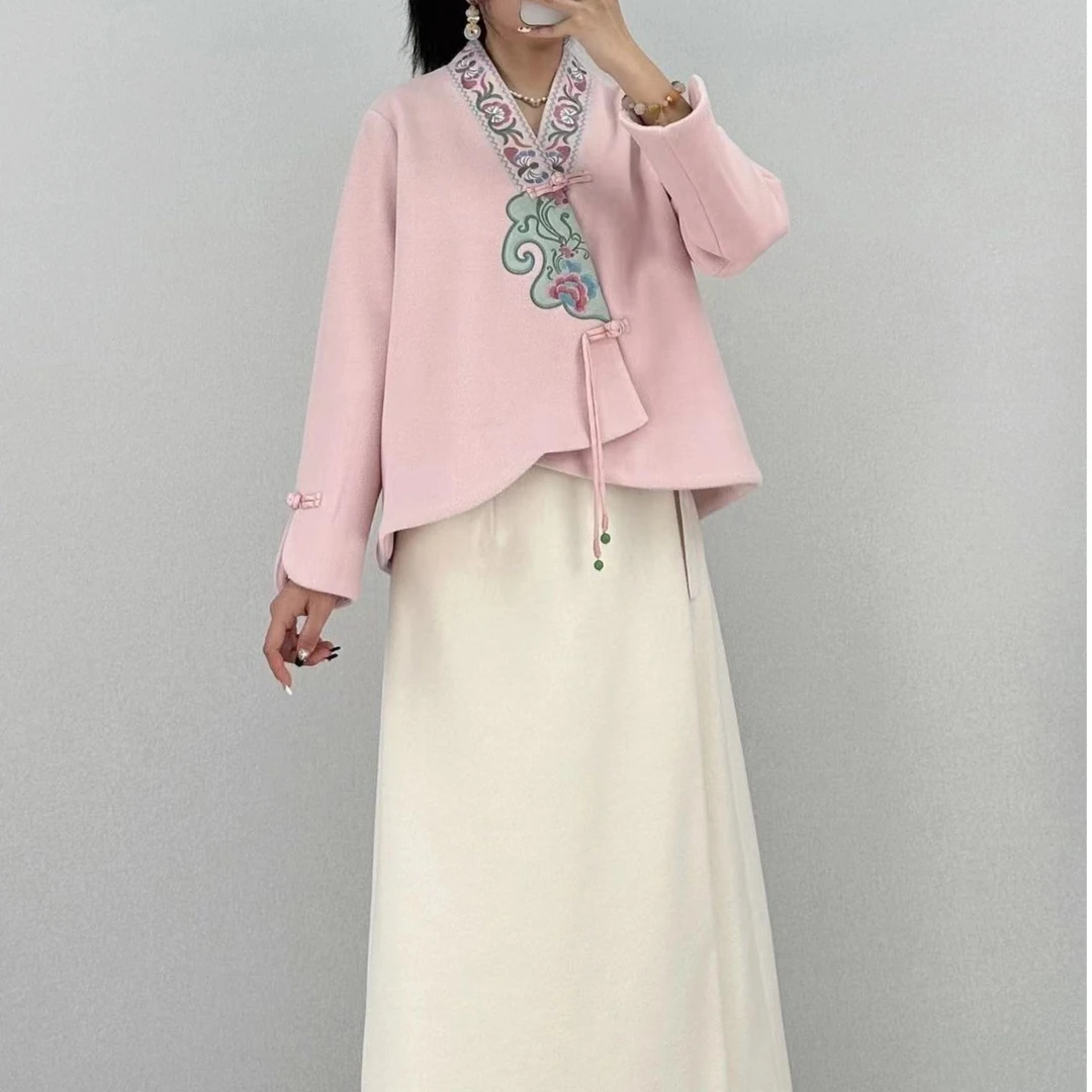 中国风茶服国风绣花盘扣中式呢子大衣外套9761 肩40胸110长64复古