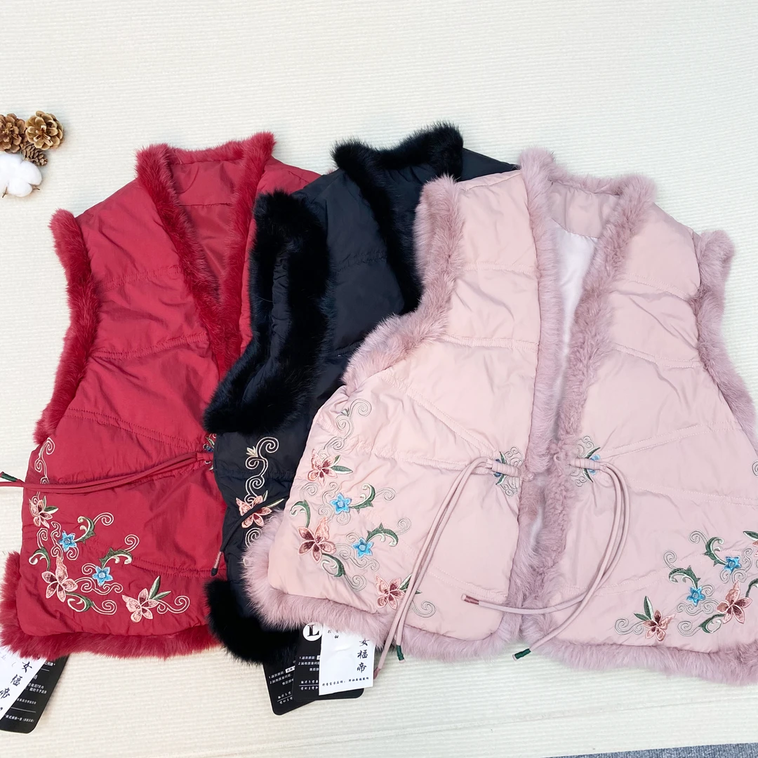 中式拜年服显瘦绣花提花短款兔毛古典百搭马甲中式复古23235