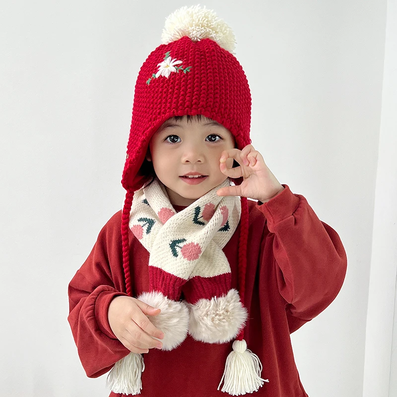 ins帽子秋冬婴幼儿可爱针织帽围巾男女童保暖护耳手工套头毛线帽