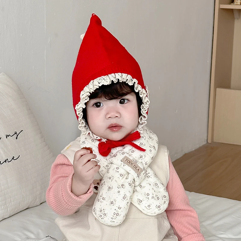 宝宝帽子秋冬季毛线帽加厚保暖护耳帽新年红色可爱针织套头帽围巾