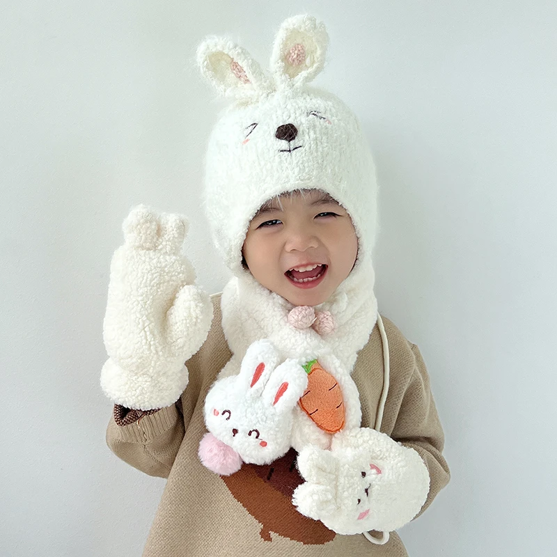 婴儿帽子秋冬季男童女宝宝针织毛线毛绒帽儿童保暖护耳帽围巾手套