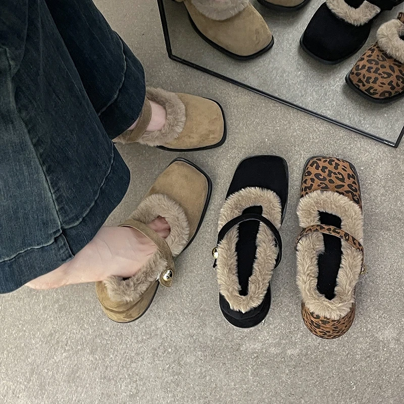 法式复古洋气加绒玛丽珍鞋女2024秋冬新款百搭气质粗跟毛毛单鞋子