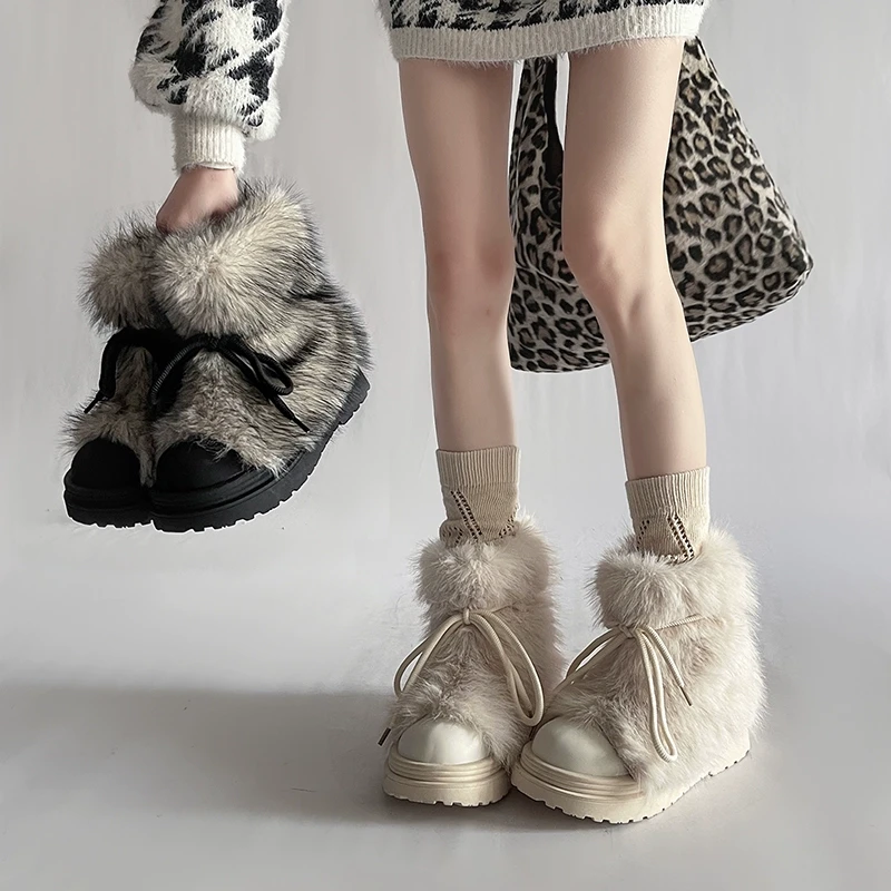 毛茸茸防滑雪地靴女2025秋冬新款时尚加绒加厚厚底舒适大头棉靴潮