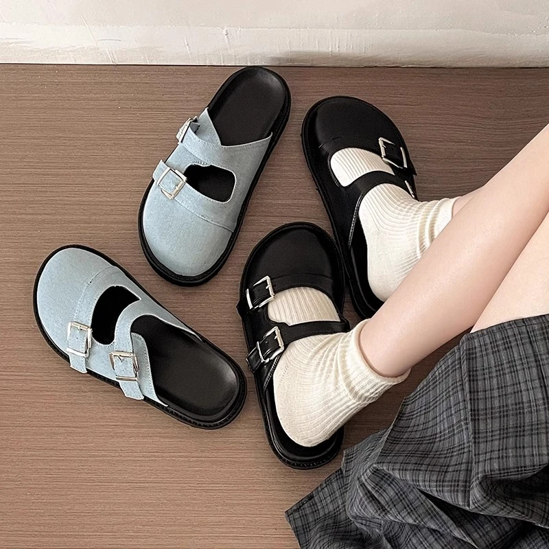 时尚百搭舒适拖鞋女2024夏新款二字扣带休闲不累脚厚底外穿包头拖