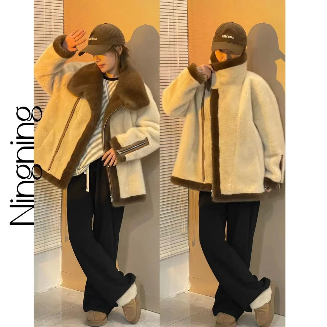 （柠柠推荐）时尚洋气翻领撞色拉链机车毛毛外套