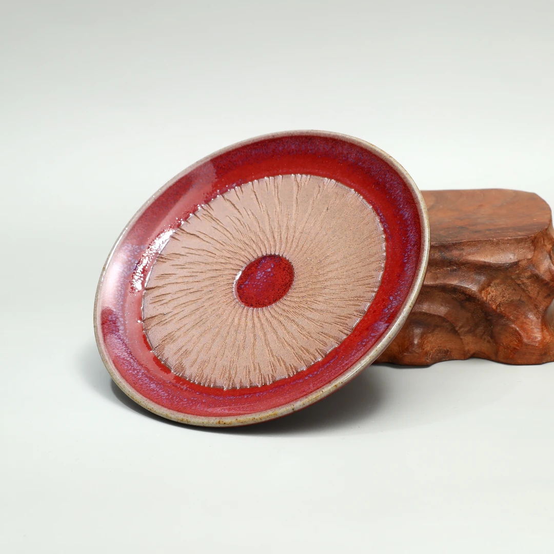 钧瓷窑变红杯托 纯手工 刻纹 原产地 原矿釉 高温烧制 非遗