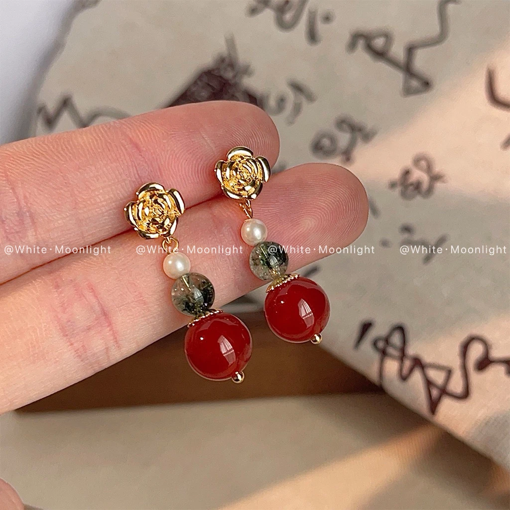 铜合金耳饰 新中式手作设计感文艺复古ins玫瑰花耳饰小众红色古风