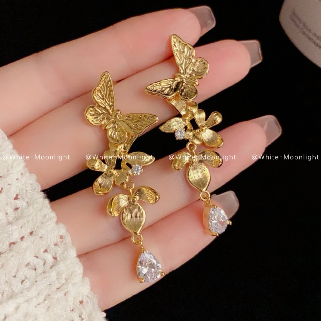 铜合金耳饰 欧美个性时尚夸张金属蝴蝶花朵流苏耳坠s925银针轻