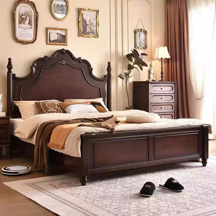 美式中古风实木床1.8米法式复古双人床主卧室现代简约婚床高箱