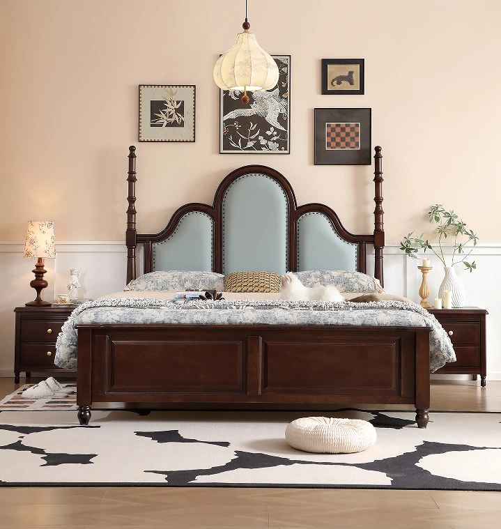 美式复古主卧室大床现代简约软包公主床轻奢欧式罗马柱婚床高箱