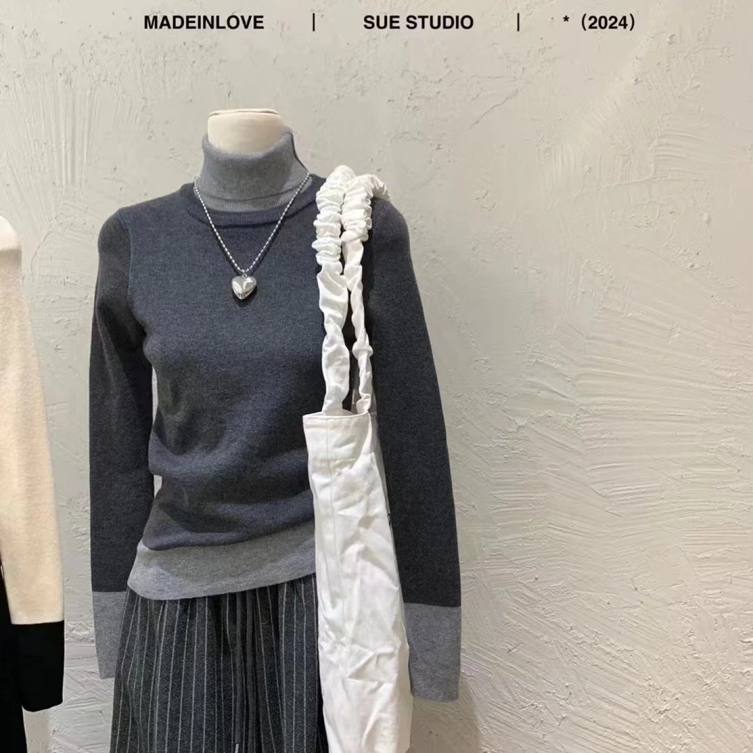 设计感撞色高领假两件长袖针织衫女秋冬新款堆堆领毛衣纯色上衣