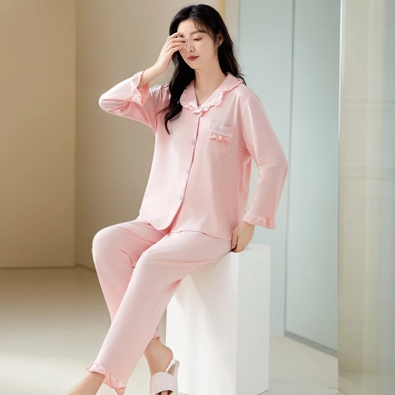 娃娃领长袖睡衣女士纯棉春秋季粉色家居服可外穿套装高档100%全棉