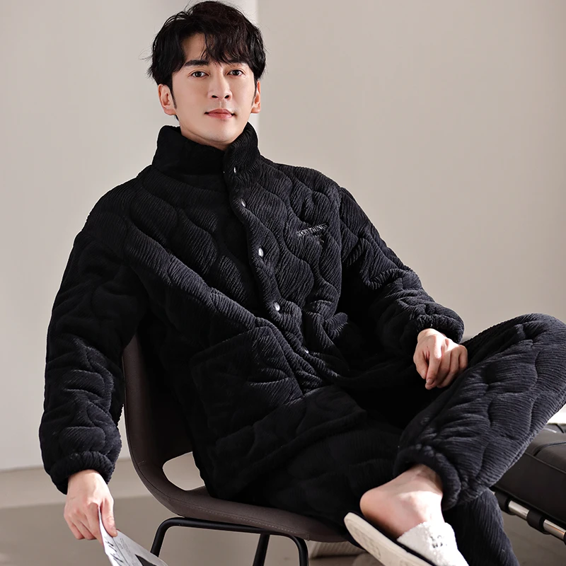 睡衣男冬季加厚加绒珊瑚绒套装夹棉保暖家居服大码外穿法兰绒