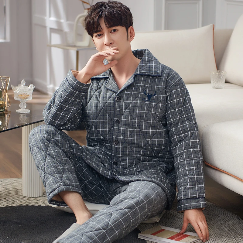 男士睡衣冬款纯棉夹棉三层加厚保暖棉袄秋冬季大码格子家居服
