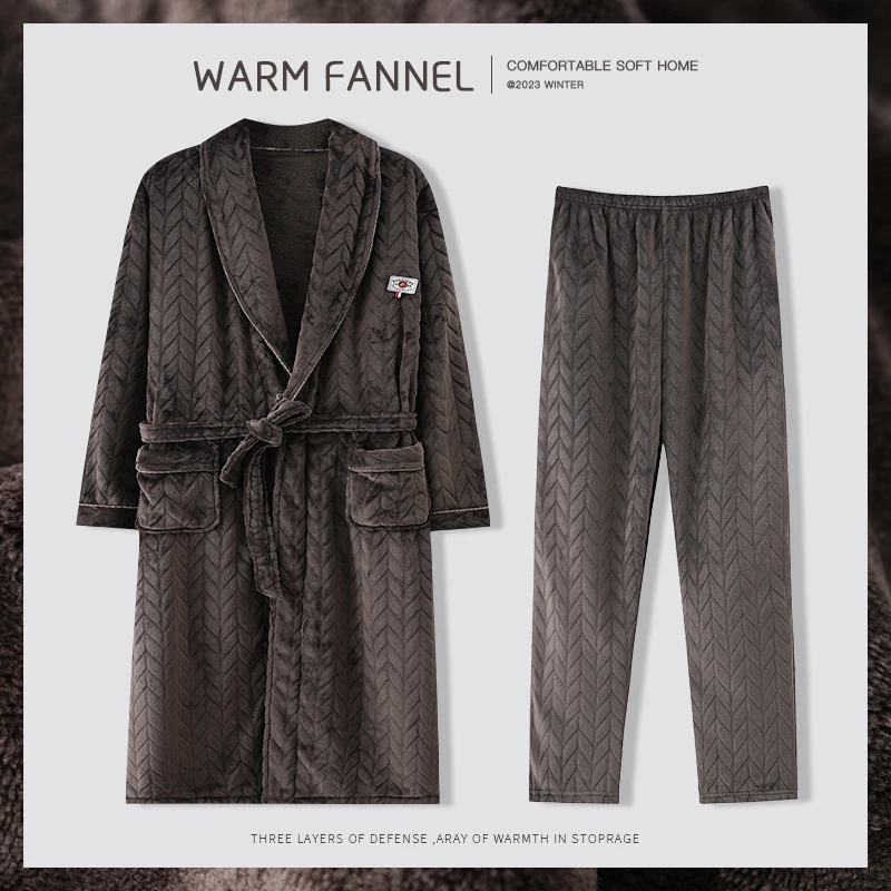 睡袍男士秋冬加厚保暖休闲长裤法兰绒中长款浴袍家居服套装
