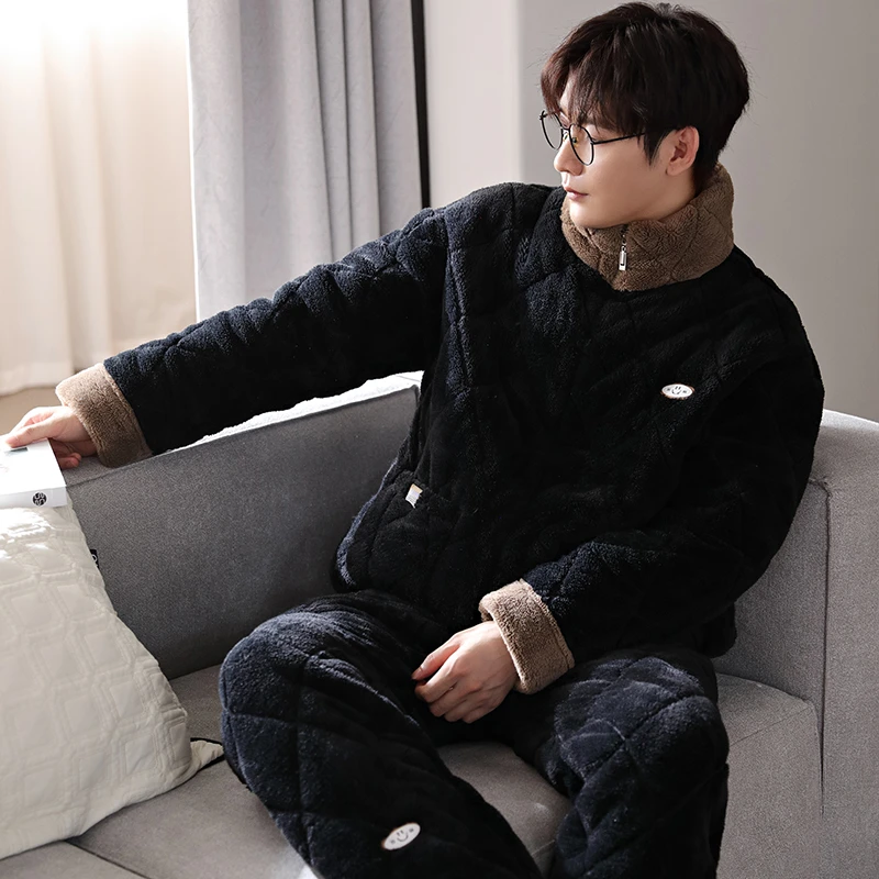 睡衣男士冬季加厚珊瑚绒三层夹棉高领拉链式法兰绒家居服套装