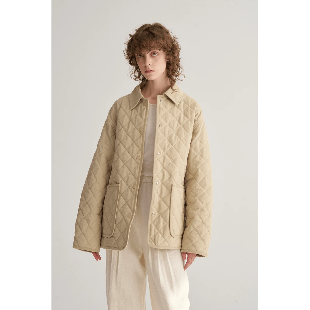 MAISON CECILE经典菱格大口袋灯芯绒拼接宽松棉服