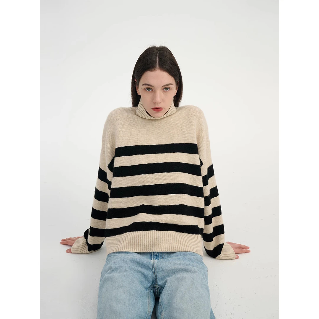MAISON CECILE复古高克重温暖羊绒高领拼色条纹套头廓形大毛衣