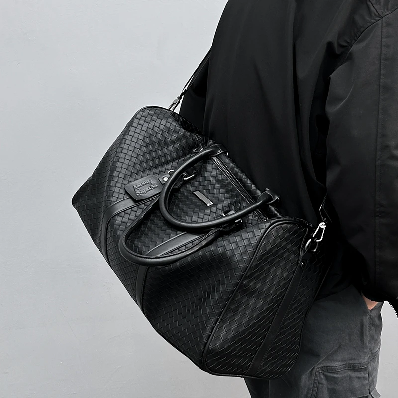 大容量编织短途出差商务健身背包男斜挎手提包旅游旅行李袋男单肩