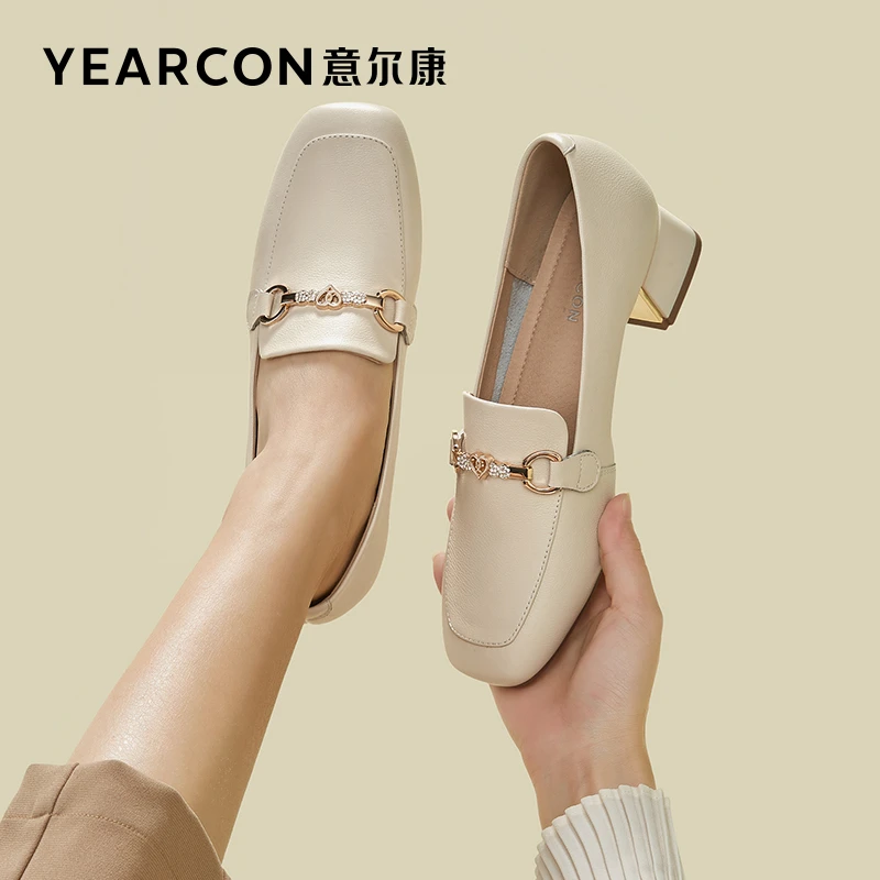 【意尔康】时尚休闲舒适女鞋懒人乐福鞋英伦方头一脚蹬粗跟真皮单鞋