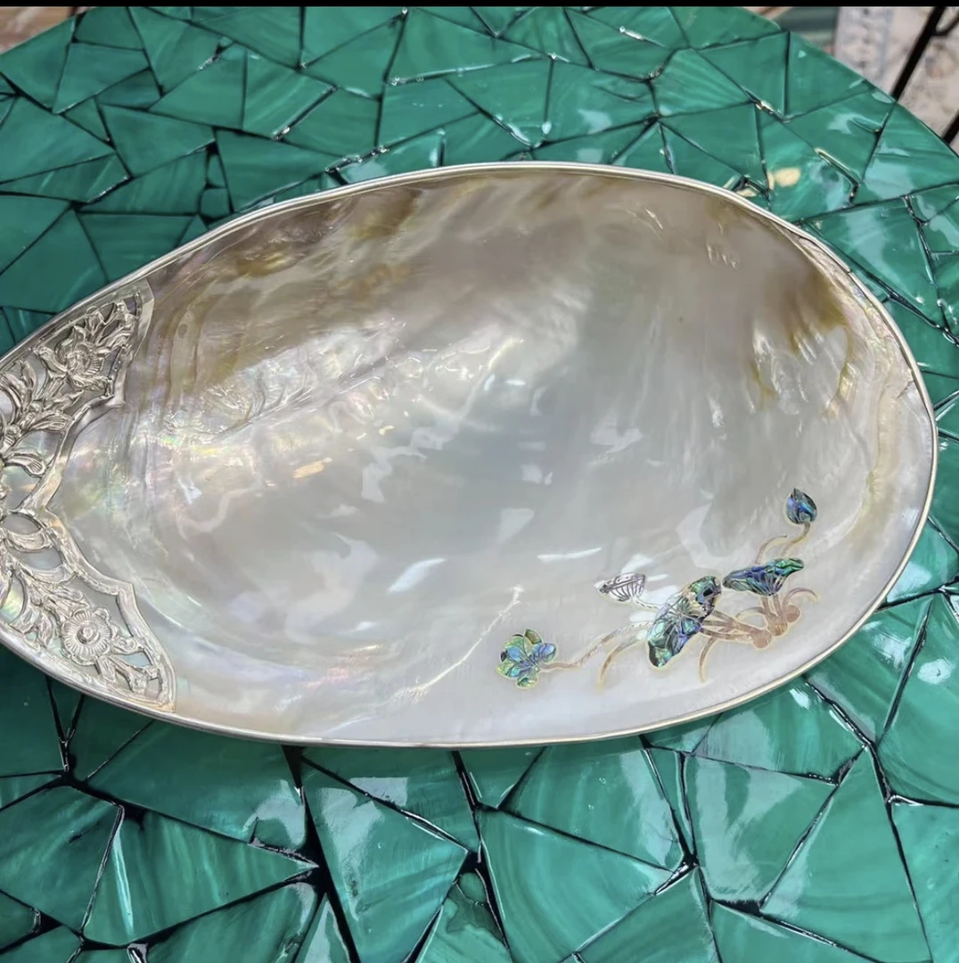 YH—精品摆件雕花贝壳盘 手工包边天然贝壳收纳装饰摆件